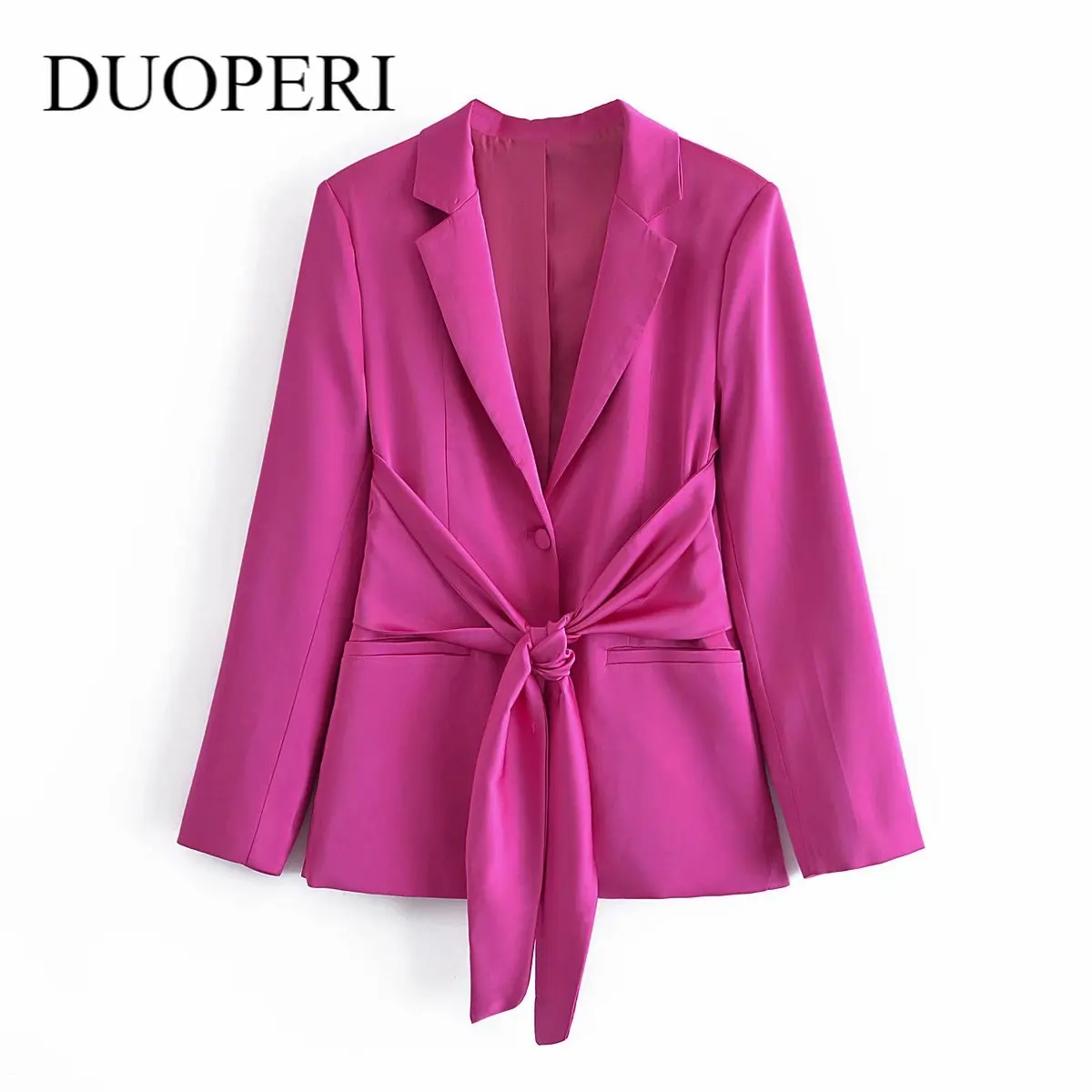 

DUOPERI 2021 Fashion Satin Blazer with Bow tie Women Long Sleeves Chic Lady Glossy texture Prom Coat Female Outwear femme veste
