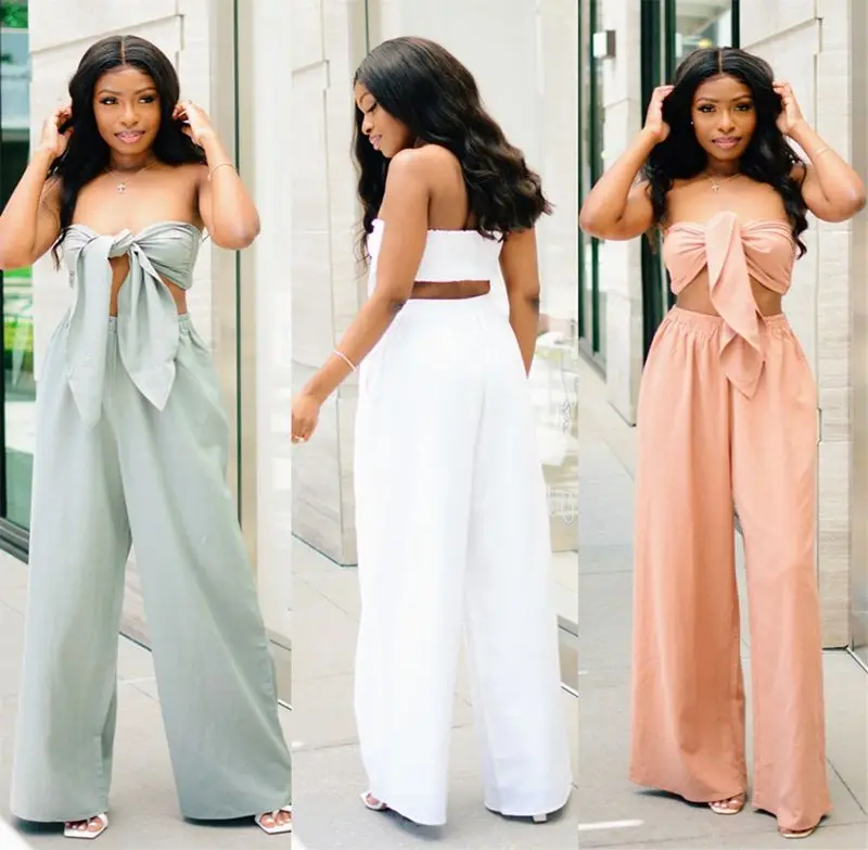 

ZOOEFFBBB Two Piece Set Tube Crop Top High Waist Wide Leg Pants Women Streetwear Loungewear Outfits Office Lady Matching Sets