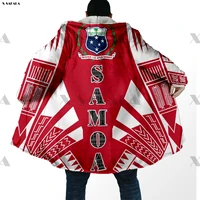 samoa polynesian tattoo flag print hoodie long fur collar hooded blanket cloak quilted winter warm cotton cashmere fleece