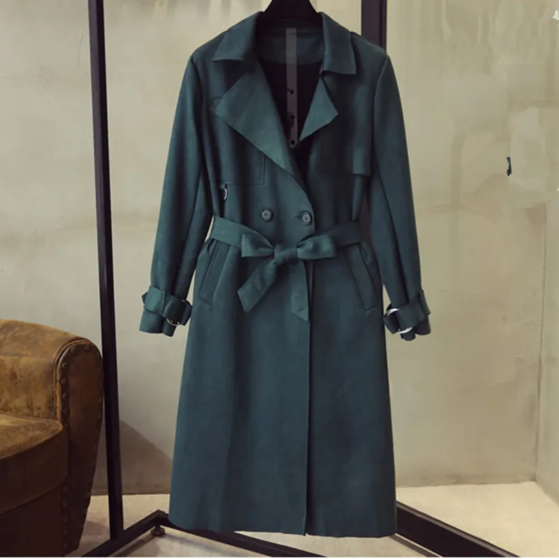 Dark green UHYTGF, весенне-осеннее пальто для женщин, роскошное, оленья кожа, замша, элегантное женское пальто, двубортное, тонкое, женское, повседневное пальто 40 - Цвет: Dark green