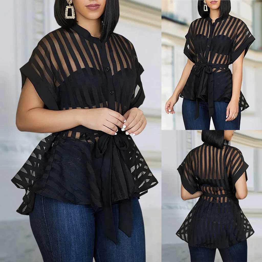 Сексуальные модные сетчатые полосатые прозрачные блузки рубашки женские топы