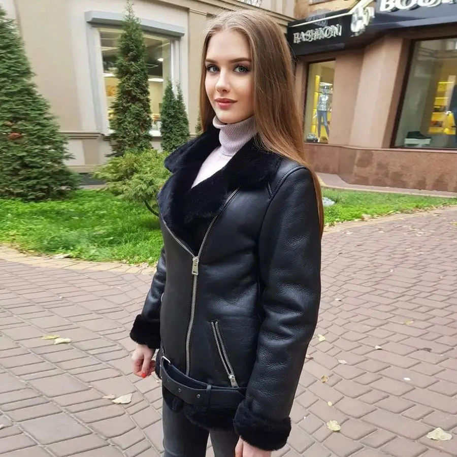 

Bomber Jacket Real Sheepskin Fur Coat Shearling Coat With Leater Belt Turn Down Collar