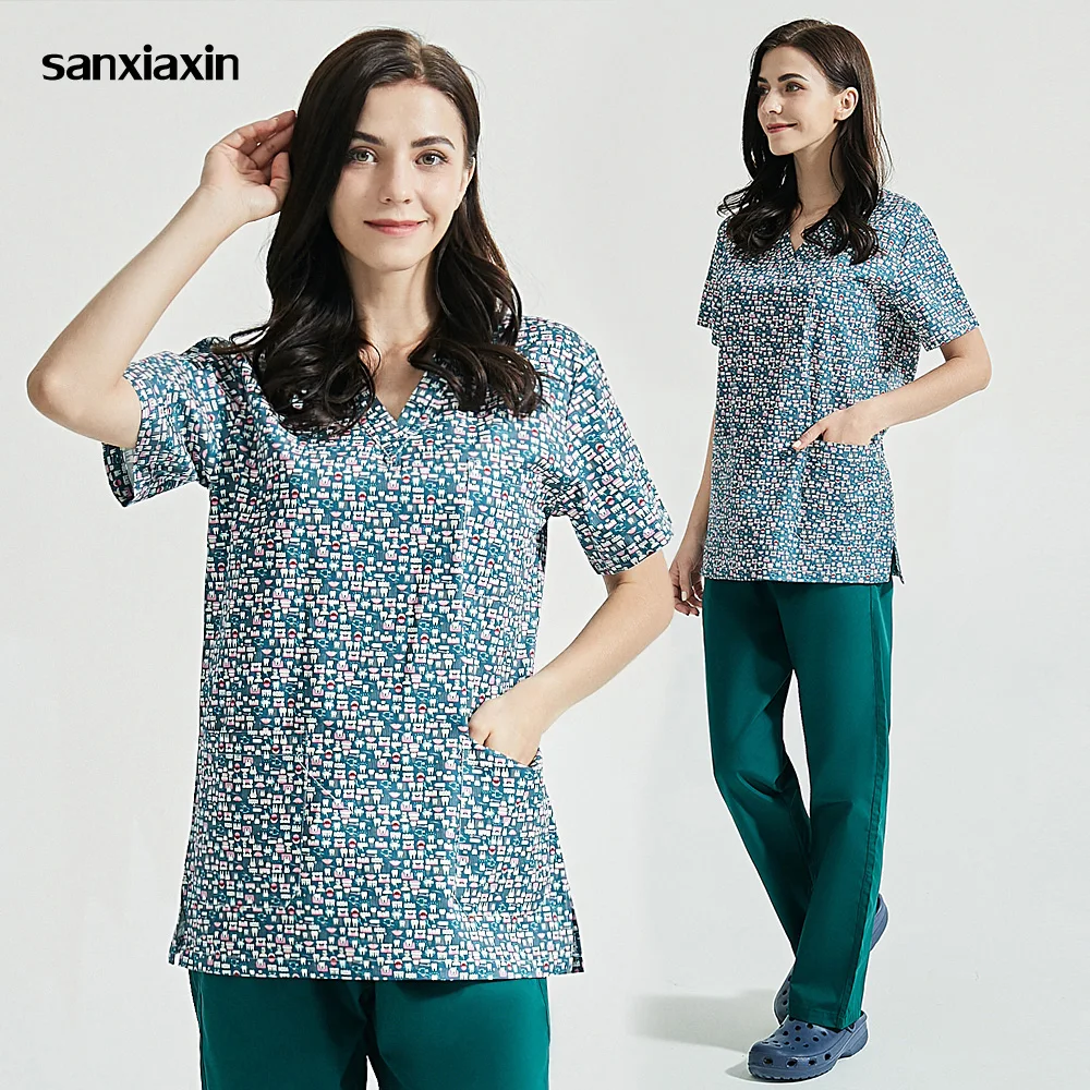 

Рабочая одежда с коротким рукавом для косметологии зубов, новинка, скрабы с рисунком зубов, топы, косметологическая униформа, скрабы для дом...