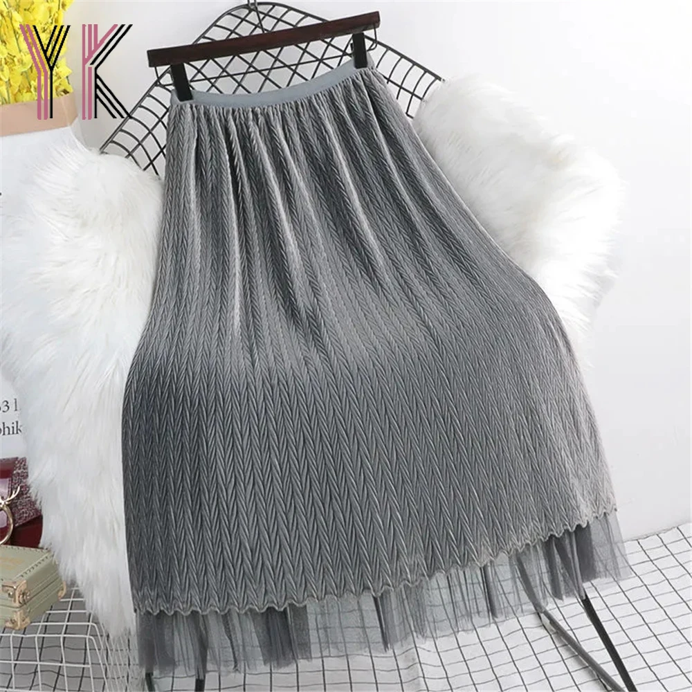 

Both Sides Wear Elastic High Waist Corduroy Mesh Long Skirts Elegant Stitching Vintage Korean Fashion Mom Casual Pattern Saia