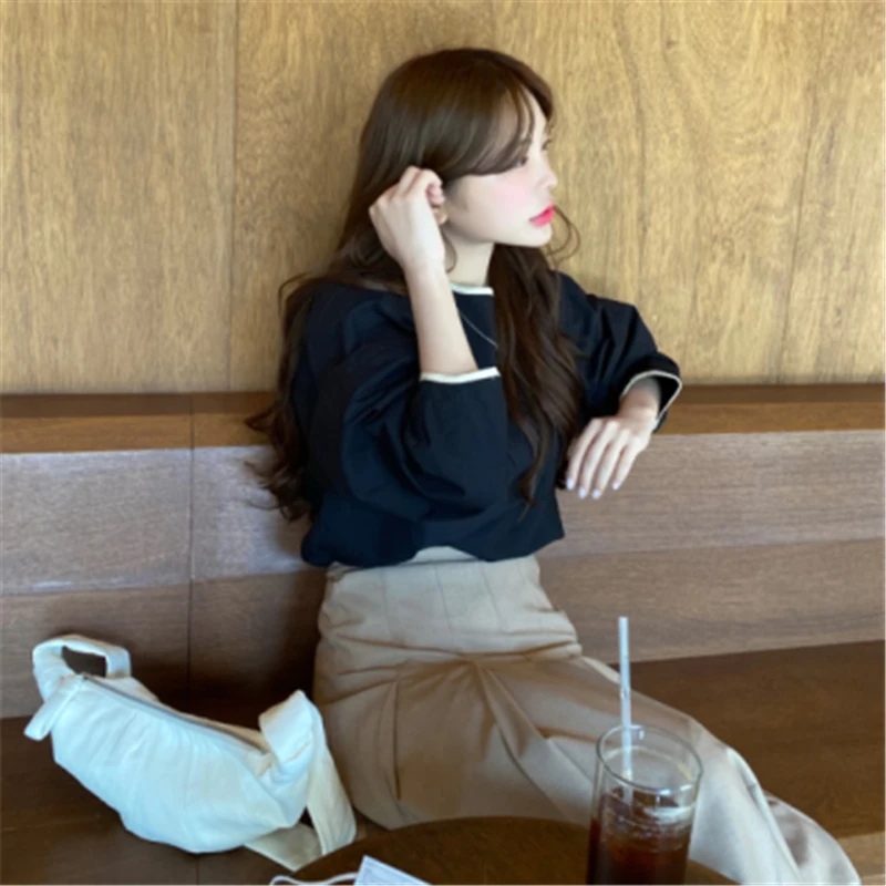 

New Hit Color Shirts Women Top Fall Minimalist Casual Loose O-neck Puff Sleeve Solid Color Females Blouses Camisas Mujer 2020