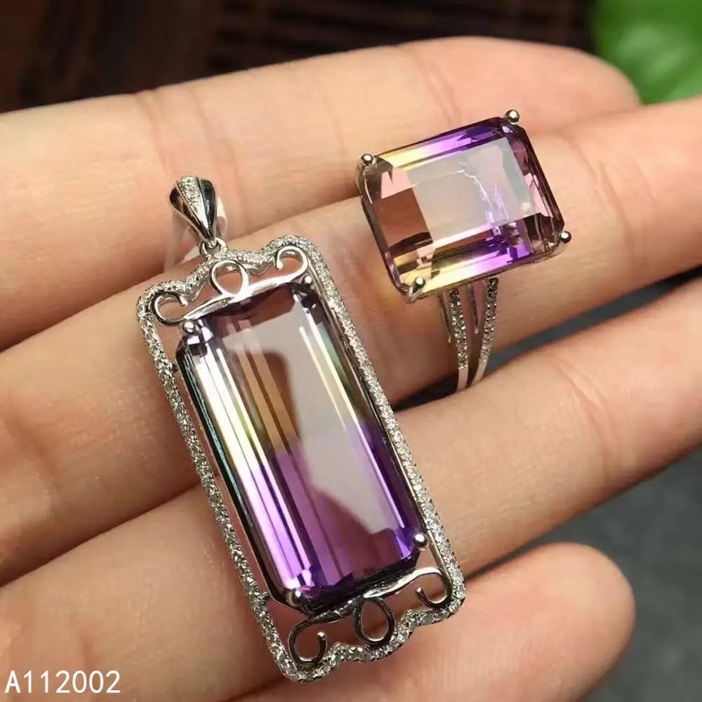 KJJEAXCMY fine jewelry Ametrine 925 sterling silver women gemstone pendant necklace chain ring set beautiful hot selling