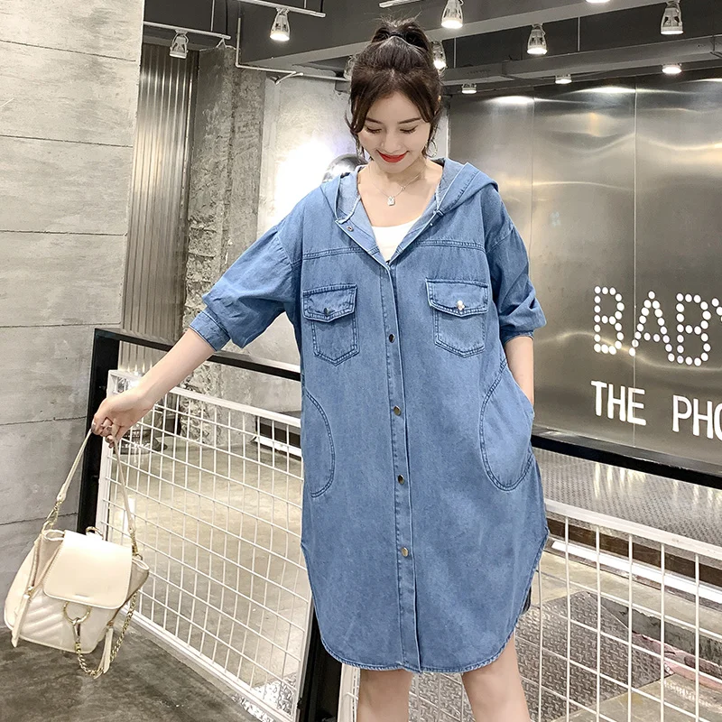 Синяя джинсовая куртка с капюшоном 2019 Весенняя Новая женская однотонная