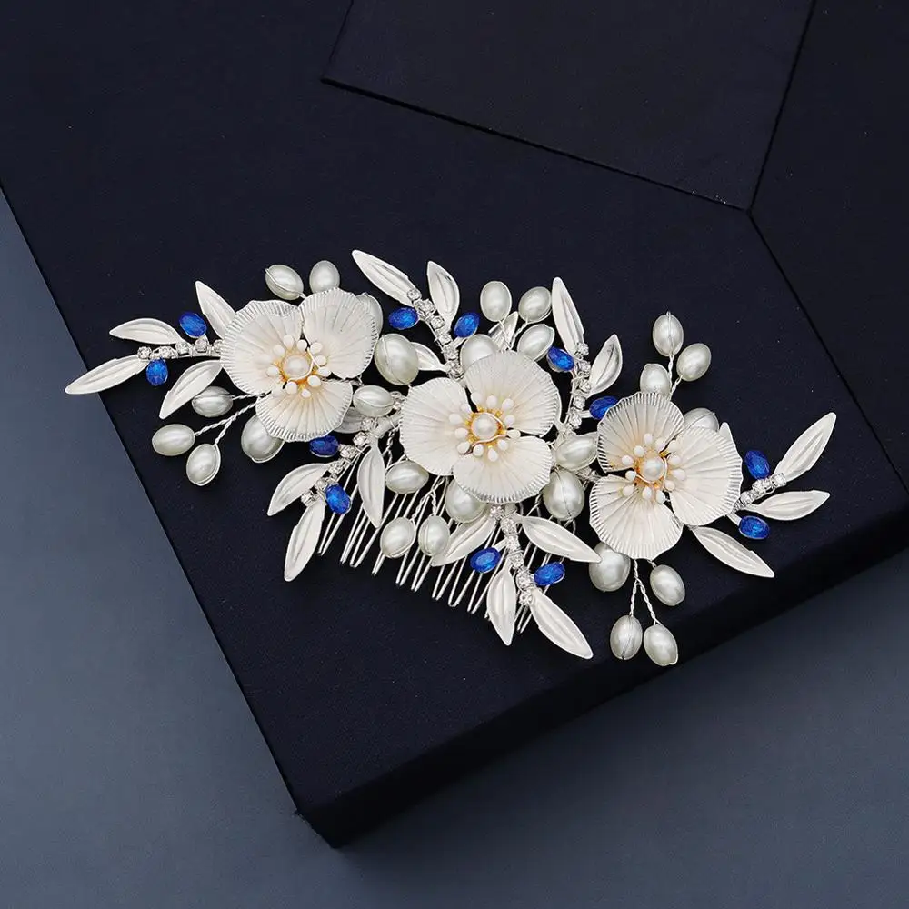 

Floralbride Handmade Alloy Blue Crystal Rhinestone Pearls Flower Leaf Bridal Hair Comb Weding Hair accessories Women Jewelry