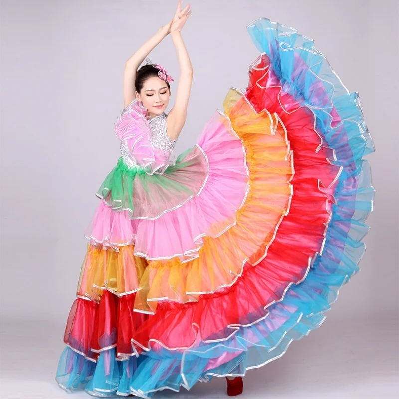 Испанское фламенко современное танцевальное платье разноцветное Сетчатое