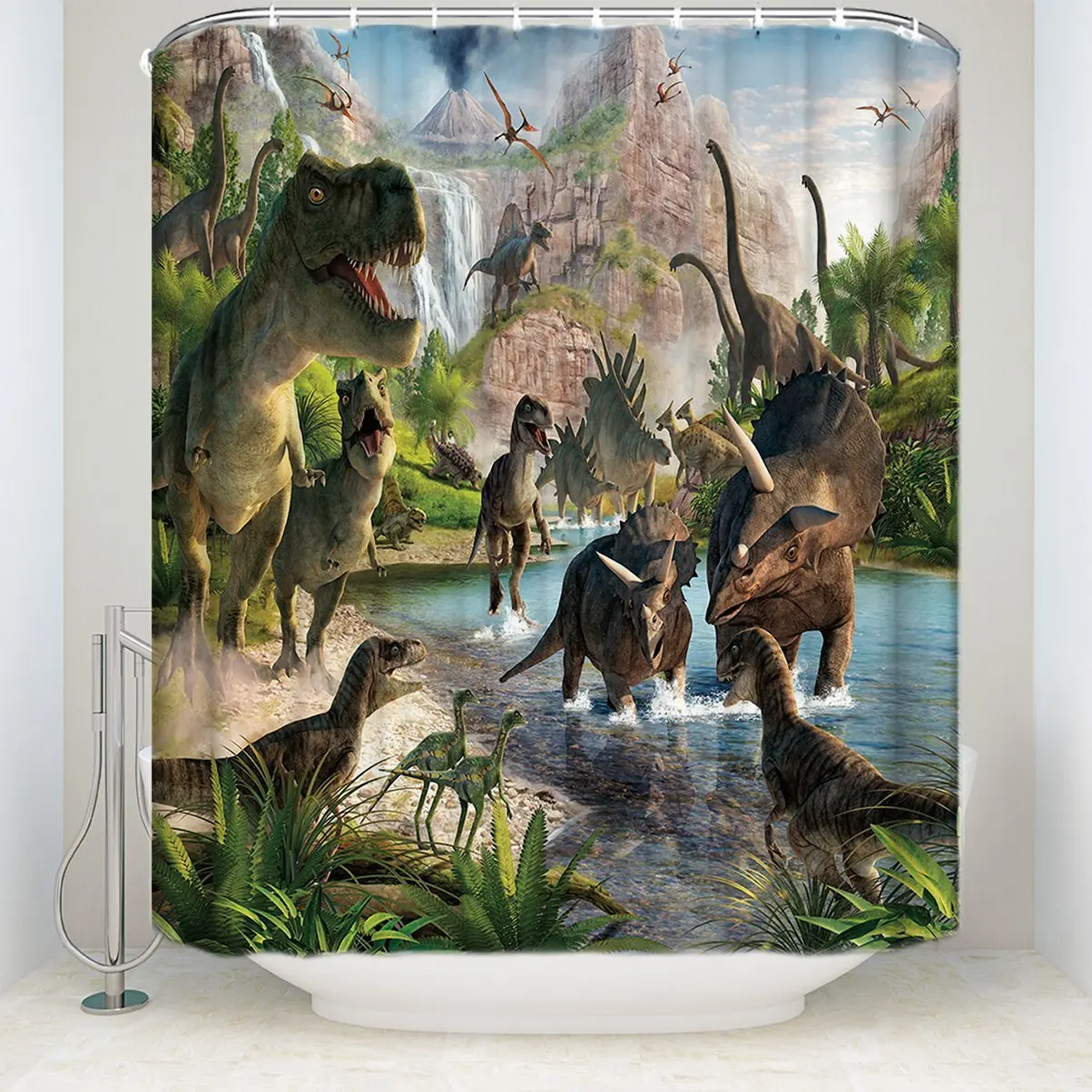 

3D Ancient Dinosaur World Waterproof Shower Curtain Bathroom Decor Sets with Hooks