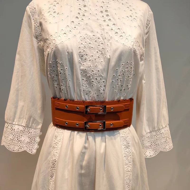 

VGH Elegant Patchwork Tassel Dress For Women Stand Collar Half Sleeve High Waist Sashes White Dresses Female Fashion New Clothes