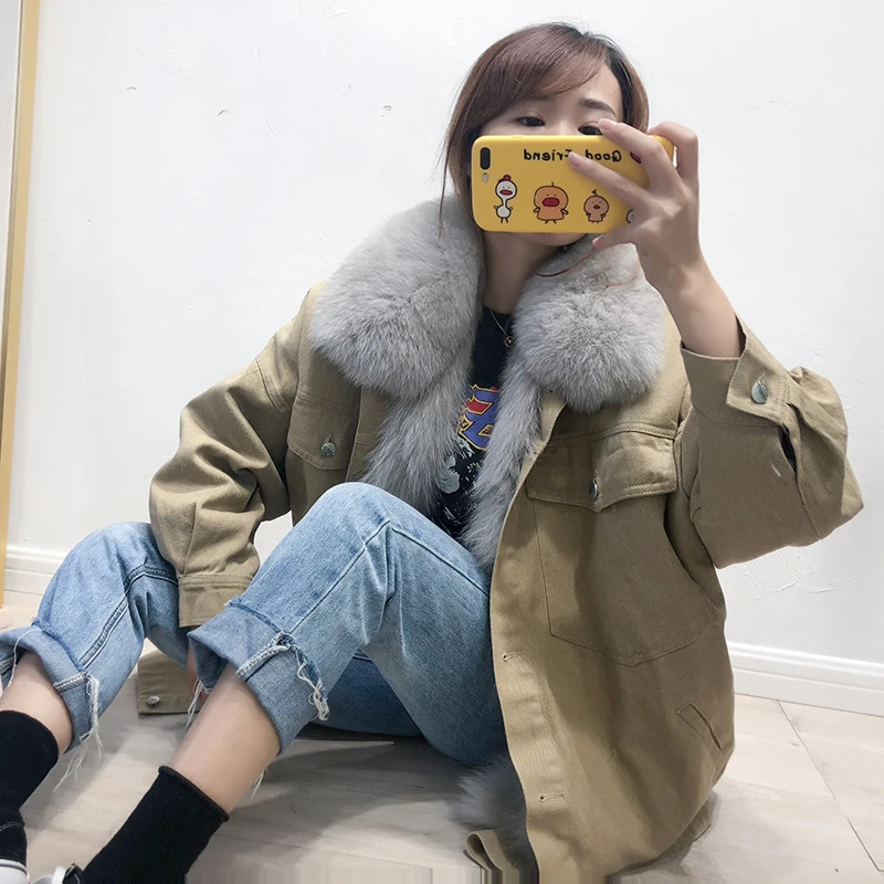 Хаки Осенне-зимние женские куртки с натуральным лисьим мехом, парки, Женская плюшевая одежда, теплая куртка - Цвет: Хаки