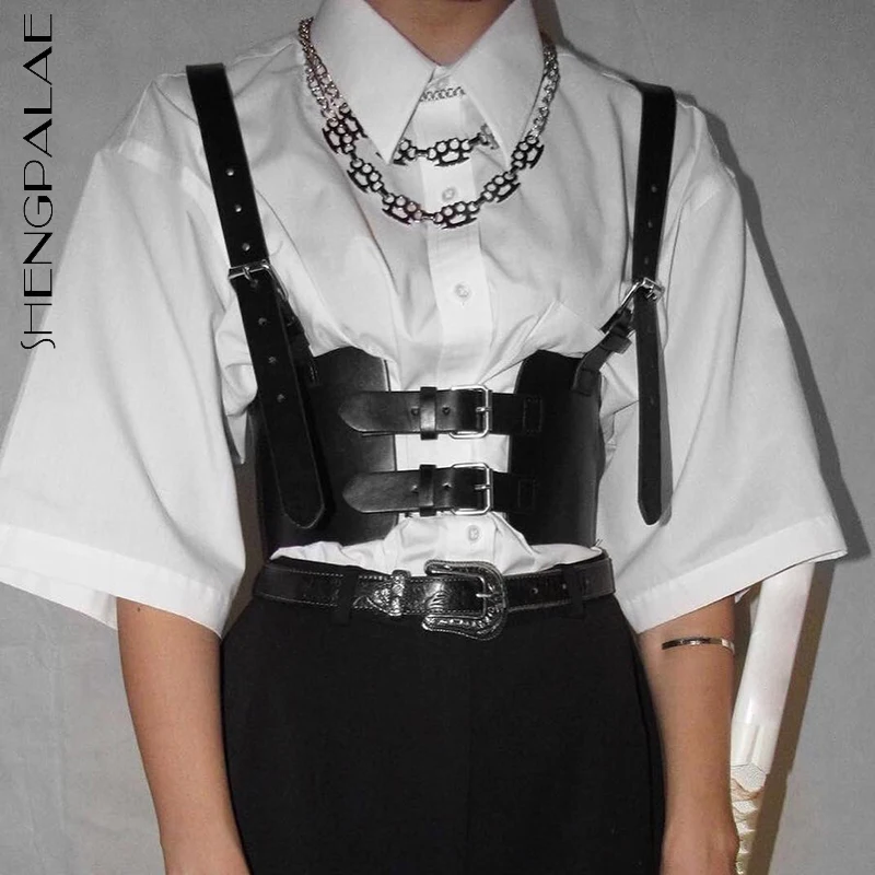 

SHENGPALAE Balck Adjustable PU Leather Waistband Women's Gothic Style Double Metal Buckle Strap Apricot Belt Female 2021 5E1552