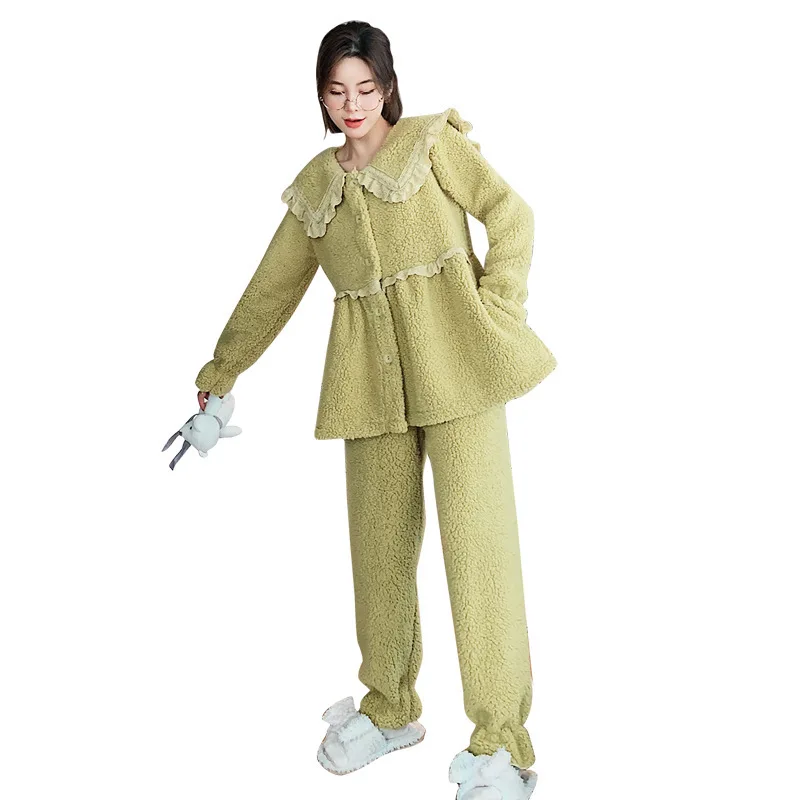 

Autumn and Winter Lamb Wool Ladies Lace Doll Collar Flannel Home Service Coral Fleece Suit Loungewear Women Nuisette Femme 2020