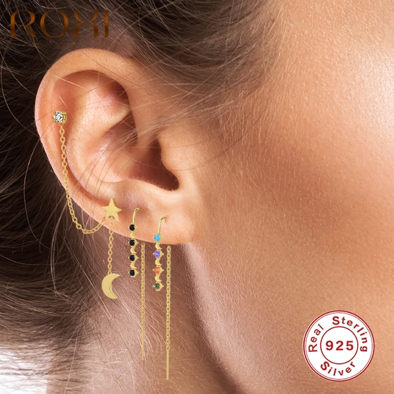 

ROXI 925 Sterling Silver Simple Long Chain Earrings For Women Charm Tassel Piercing Earrings 2021 Party Wedding Jewelry Ear Cuff