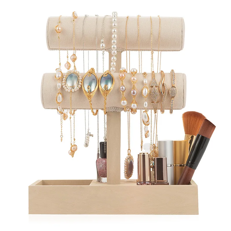 

2 Tiers Solid Wood T-Bar Jewelry Stand, Necklace/Bracelet/Watch Display Holder with Ring Tray
