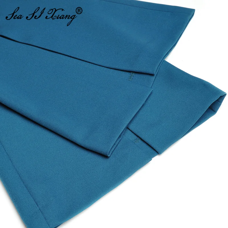 

Seasixiang Fashion Designer Autumn Set Women's Turn-down Collar Ruffles Long sleeve Suit Tops + Flare Trousers Two-piece sets