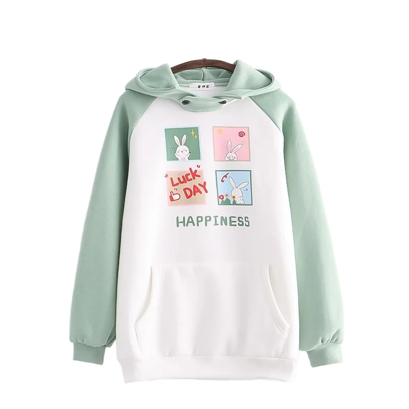 

Fleece Women Kawaii Hoodies 2021 Winter New Arrival Harajuku Print Cute Pullover Patchwork Pocket Hooded Sweatshirts for Female