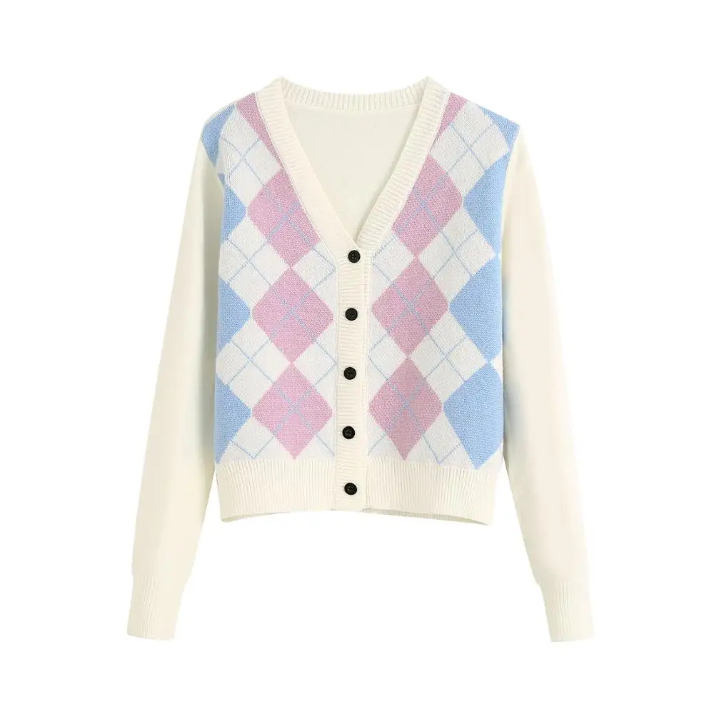 

Women Cardigan Vintage Stylish Geometric Pattern Short Knitted Sweater Fashion Long Sleeve England Style Outerwear Chaqueta