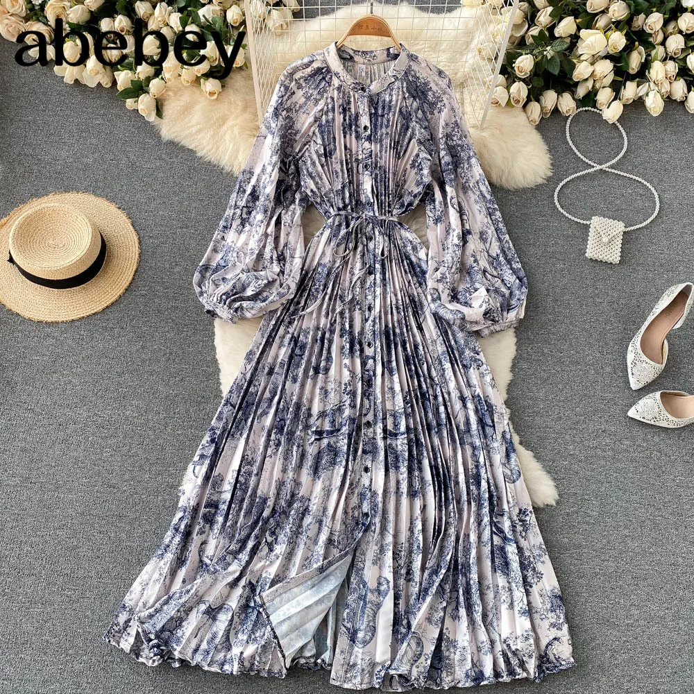 

French Print Pleated Dress Female Retro Single Breasted Long Sleeve A-line Dresses Autumn Casual Vacation Long Dress