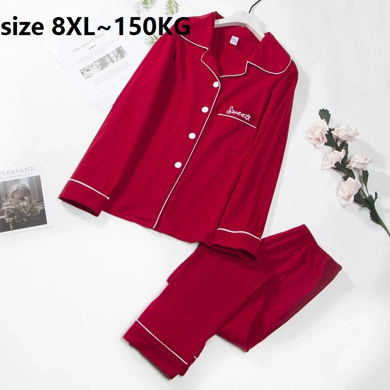 

Осенне-весенние пижамные комплекты размера плюс 8XL, одежда для сна с длинным рукавом, хлопковая Домашняя одежда, пижамный комплект большого ...