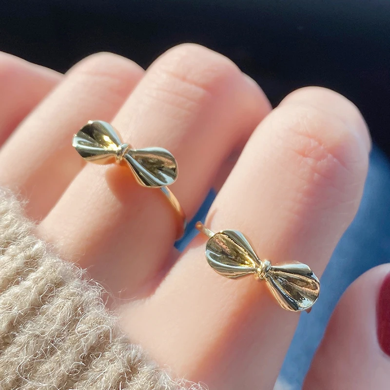 

Vintage Noble 14k Real Gold Bowknot Charming Temperament Rings for Women Adjustable Open Wedding Party INS Very Fine Hot Gift