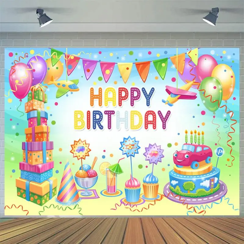 

Воздушный шар торт подарок напиток день рождения фон детская вечеринка украшение фотостудия 3D цифровая фотография Фон Ткань