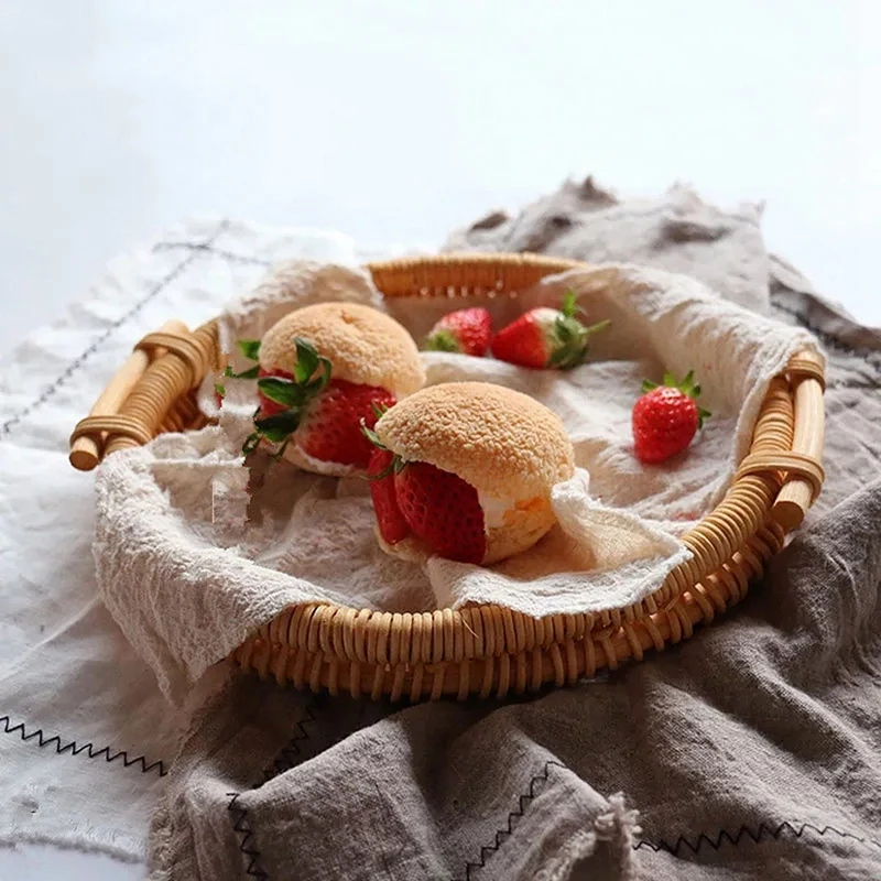 Круглые подносы из ротанга ручной работы с ручками для хранения еды напитков или