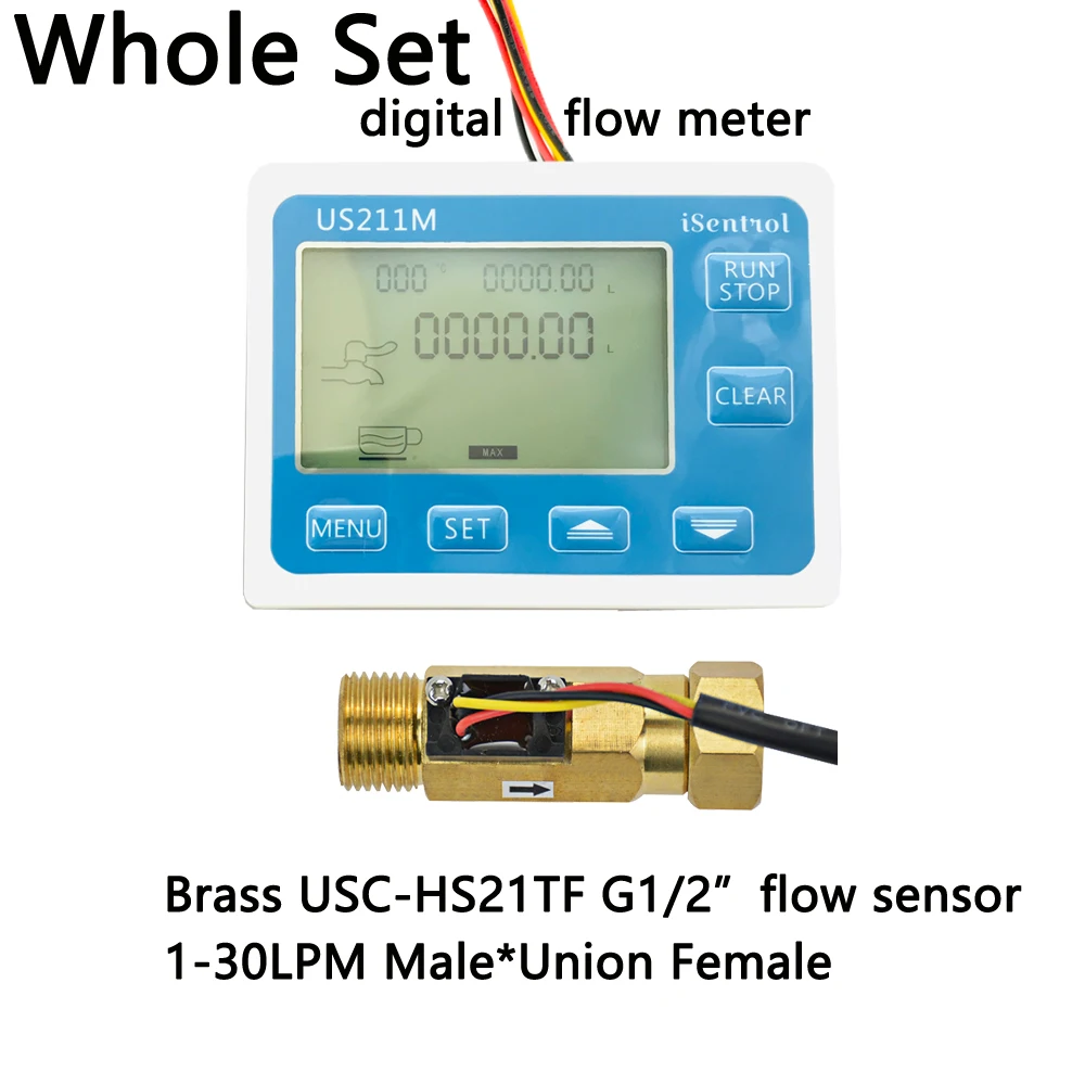 

US211M USC-HS21TF Water Flow Meter Digital Hall Water Flow Sensor Reader with Brass Union 1-30L/min hall water flowmeter turbine