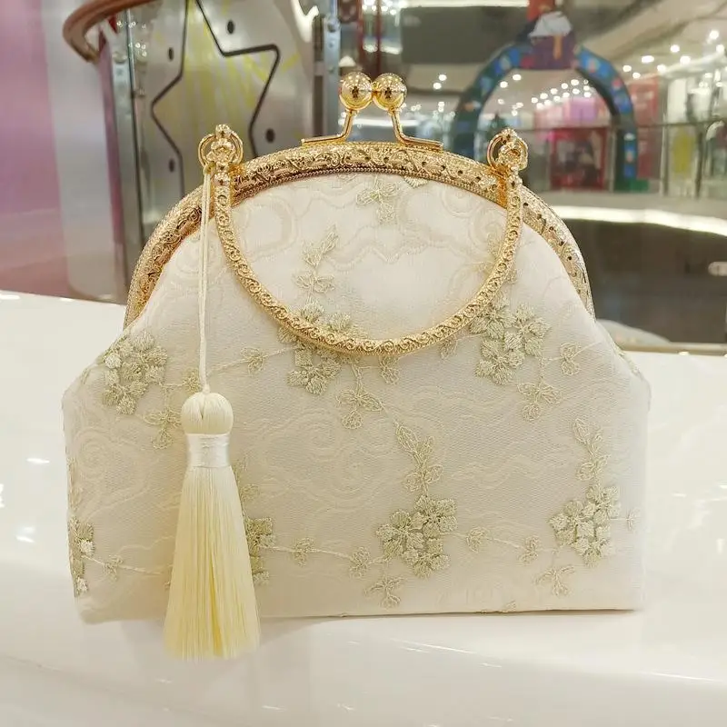 

Handmade Bag Fairy Moir Small Golden Flower Lace Handbag Hanfu Bag Wedding Dress Female Bag Small Fresh Art