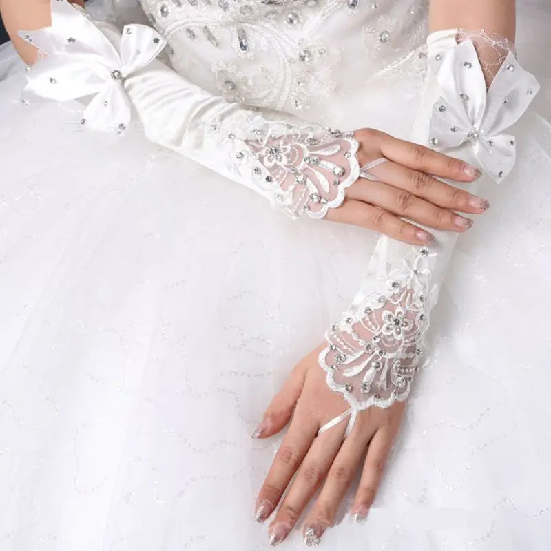 

Women Women Bridal Long Gloves Fingerless Floral Lace Patchwork Mittens Glitter Rhinestone Big BowknotLength Hook Finger