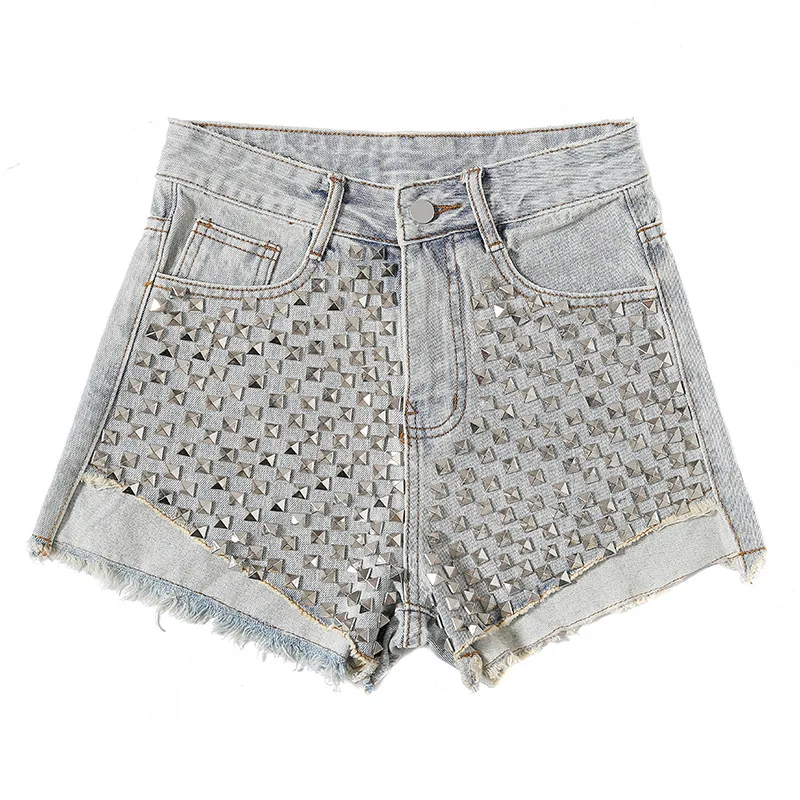 

Women Tassel Jeans Shorts Rivet Decoration Nightclub Party High Waist Female Loose Sexy Denim Shorts All-match Jeans Shorts