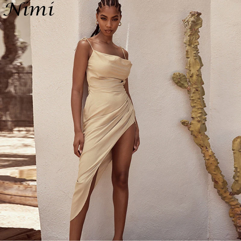 

Khaki Strap Sexy Prom Vintage Dresses Slim Neckline Women Spaghetti 2021 For Bandage Lrregular Waist Bevel Dress Sling Vestido