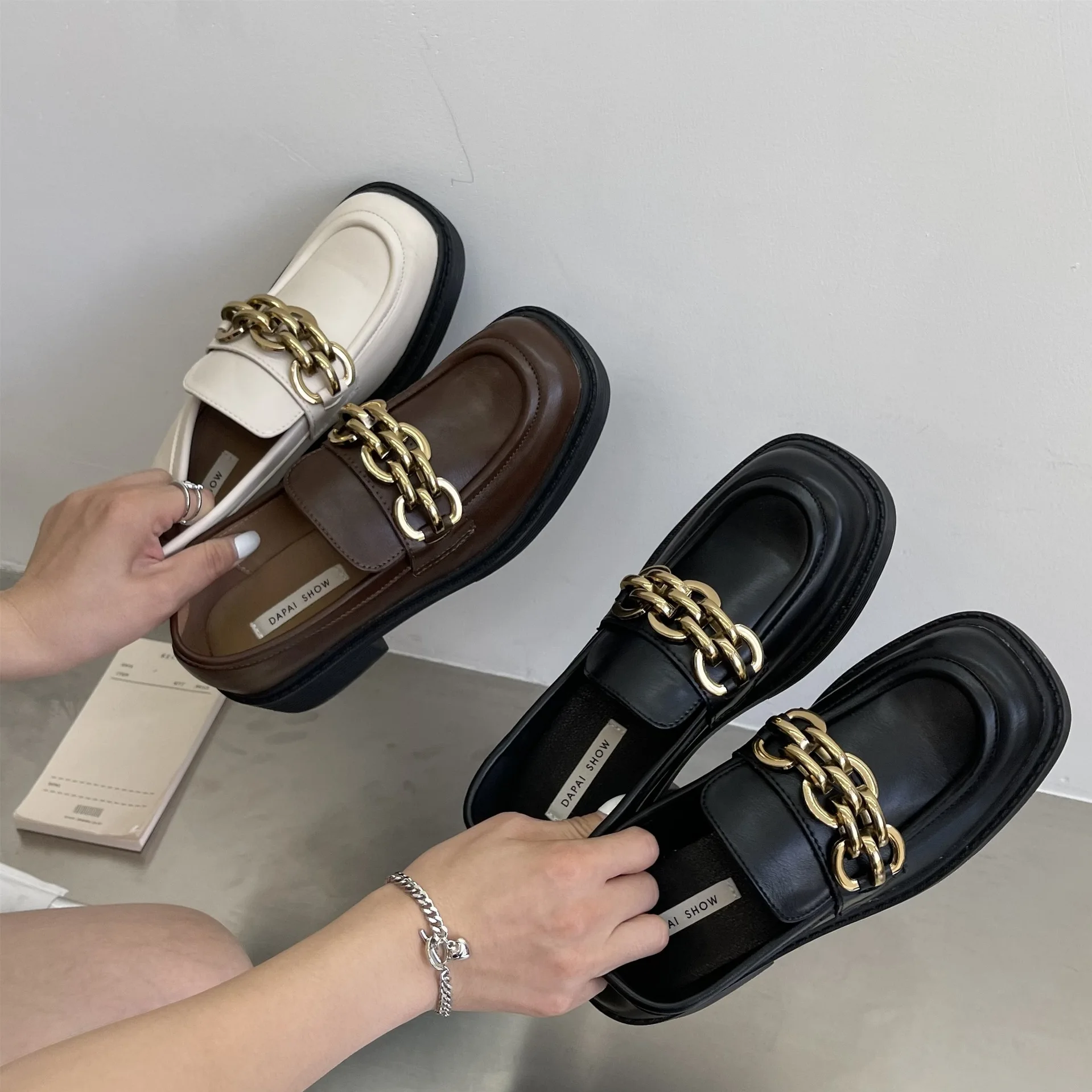 Female British Style New Thick-soled College Style Casual Loafers Genuine Leather Fashion Shoes Girls Flats Leisure Lazy Single