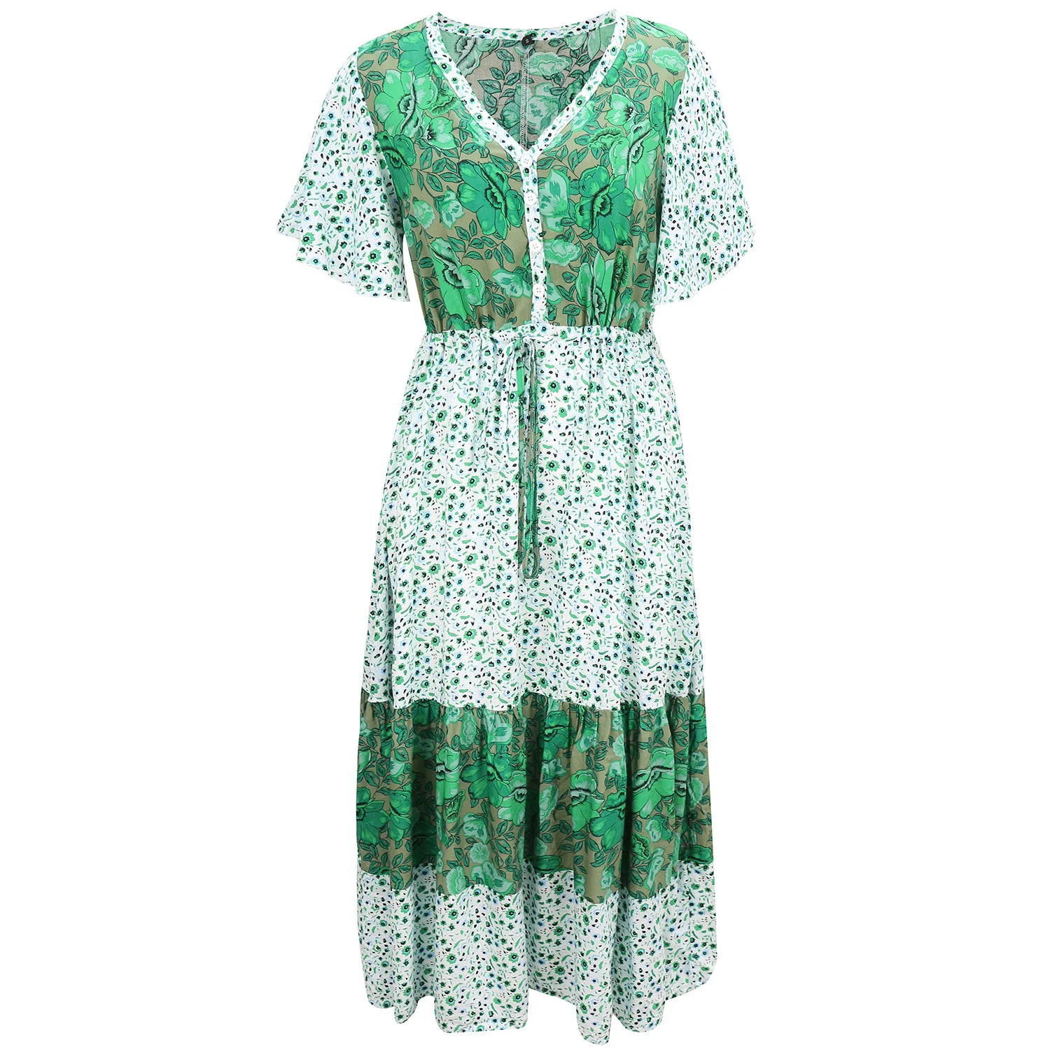 

Spring Summer Chiffon Dress Women Patchwork Floral Print Dresses Sweet Ruffle Sleeve V-Neck Casual Beach Drawstring Women Dress