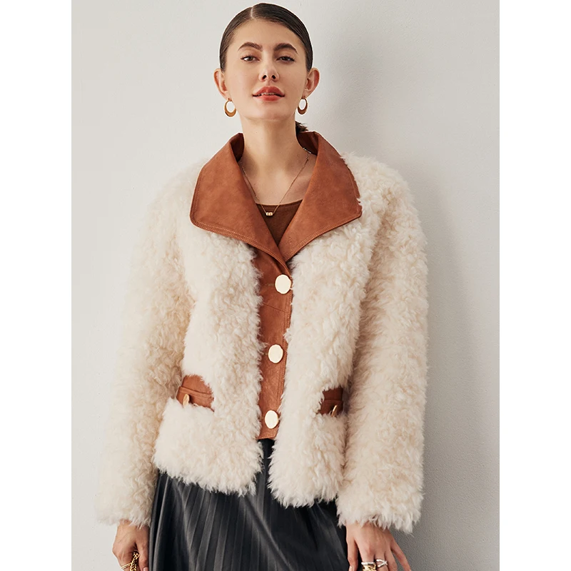 

Patchwork Wool Shearling Jacket Sheepskin Design Fashion Women Winter Coat Thick Warm Fur Single Breasted Genuine Leather