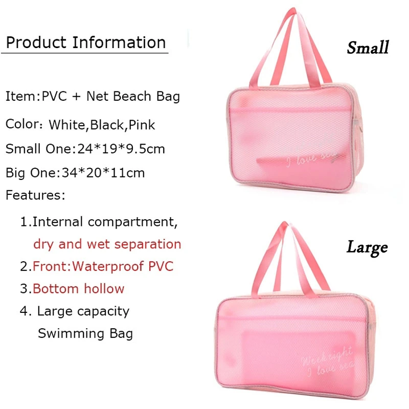 New 2 PCS Waterproof Portable Swimming Storage Bag Transparent Handbags Wash Bags Cosmetic Travel Sack Dry Wet Mesh Net Pool