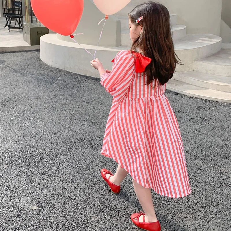 

Baby Dress Kids Fashion Striped Shirt Front And Long Back Round Neck Big Bubble Sleeve Dress