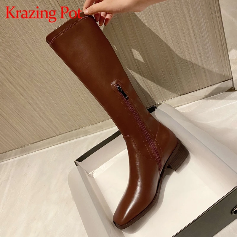 

Krazing pot large size 2020 winter natural leather fashion shoes women square toe med heel keep warm cozy knee high boots L50