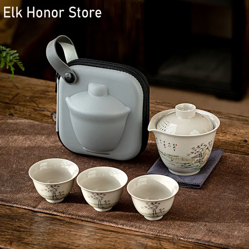 

Plant Ash Tea Cups Ceramic Portable Teapot Set Outdoor Travel Gaiwan Tea Cups Of Tea Ceremony Teacup Fine Gift Kung Fu Tea Set