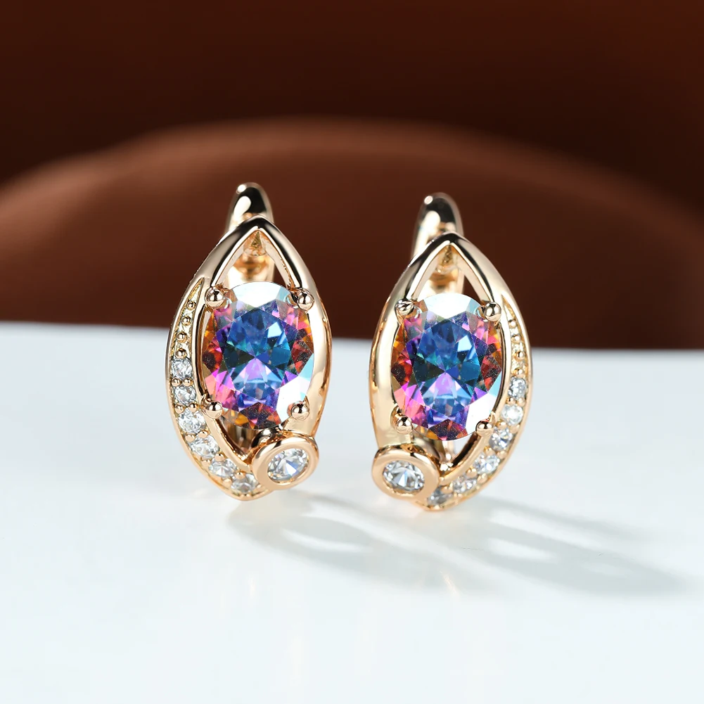 

Exquisite Marquise Eye Clip Earrings Champagne Gold Rainbow Diamond Zircon Women Earrings Hollow Design Bridal Wedding Jewelry