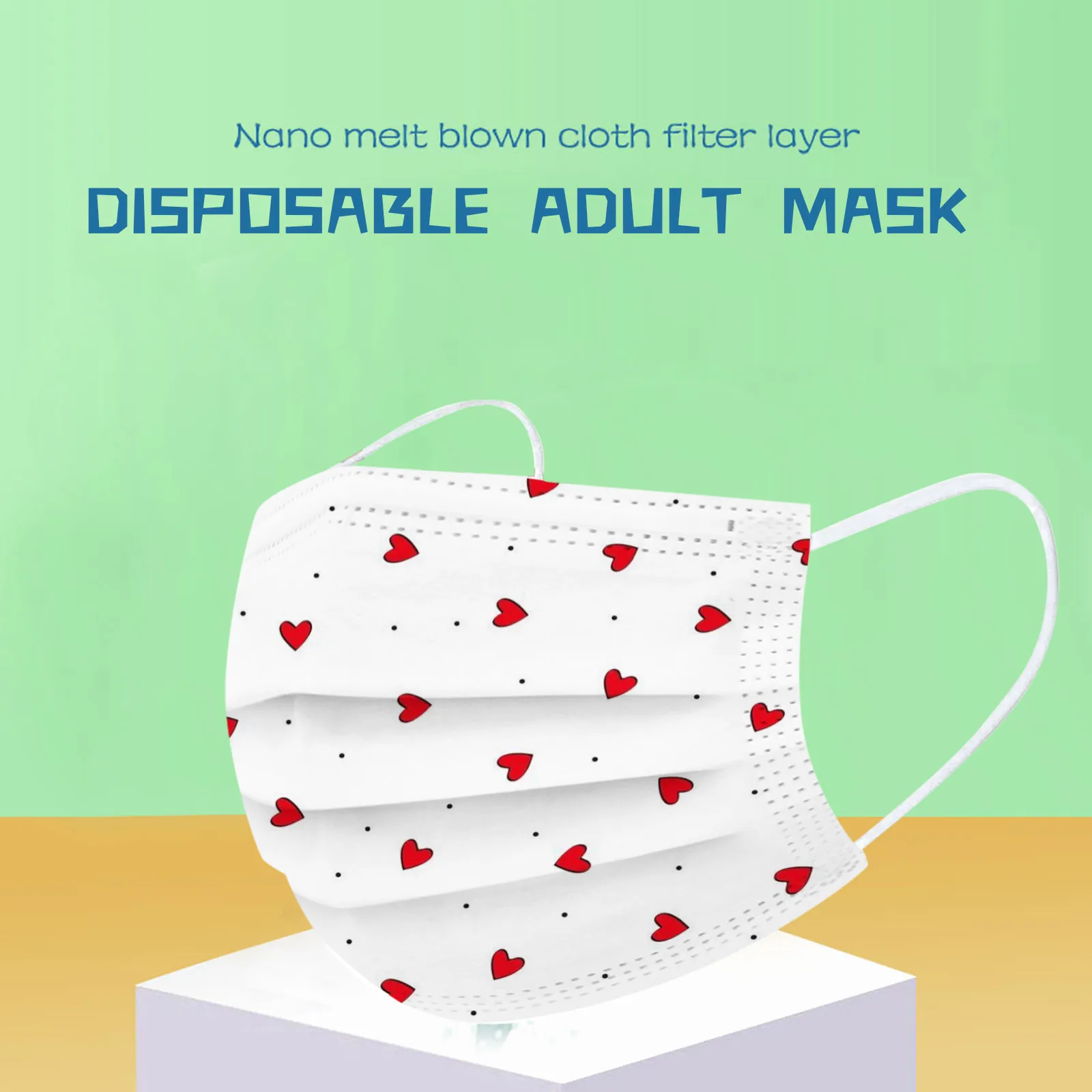 Маска одноразовая трехслойная для взрослых в горошек с принтом сердца |