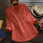 Рубашка женская Вельветовая с карманами, модная Oversized блузка из хлопка и льна, повседневная однотонная блузка с длинными рукавами, топы на пуговицах, 2021