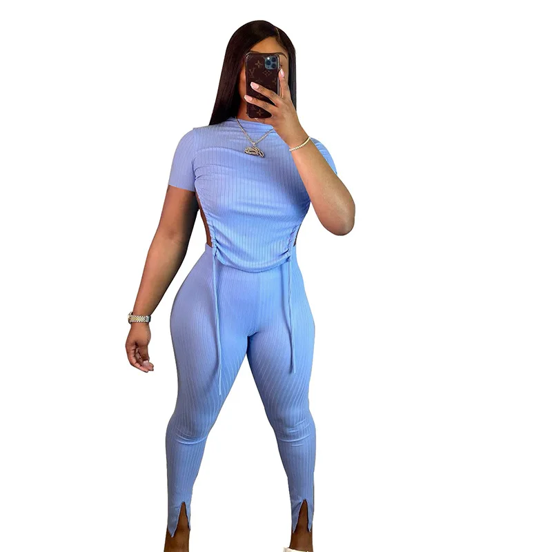 

Adogirl Casual Drawstring Ribbed Tracksuit Women Sexy Short Sleeve Backless Crop Top + Slit Hem Pants Slim Two Piece Set S-XXL