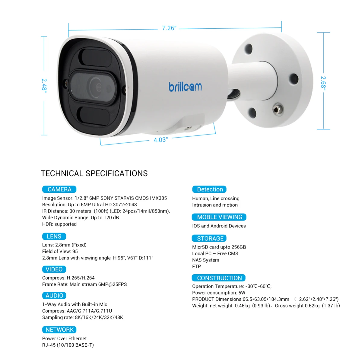 IP камера Brillcam 6 МП UHD ИК объектив 2 8 мм PoE IP67|Камеры видеонаблюдения| |