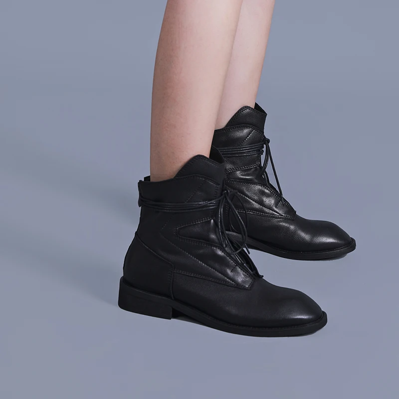 

Women Ankle Boots Autumn Winter Warm Genuine Leather low Heels Night Club Shoes Woman Cross Tied Motocycle Boots