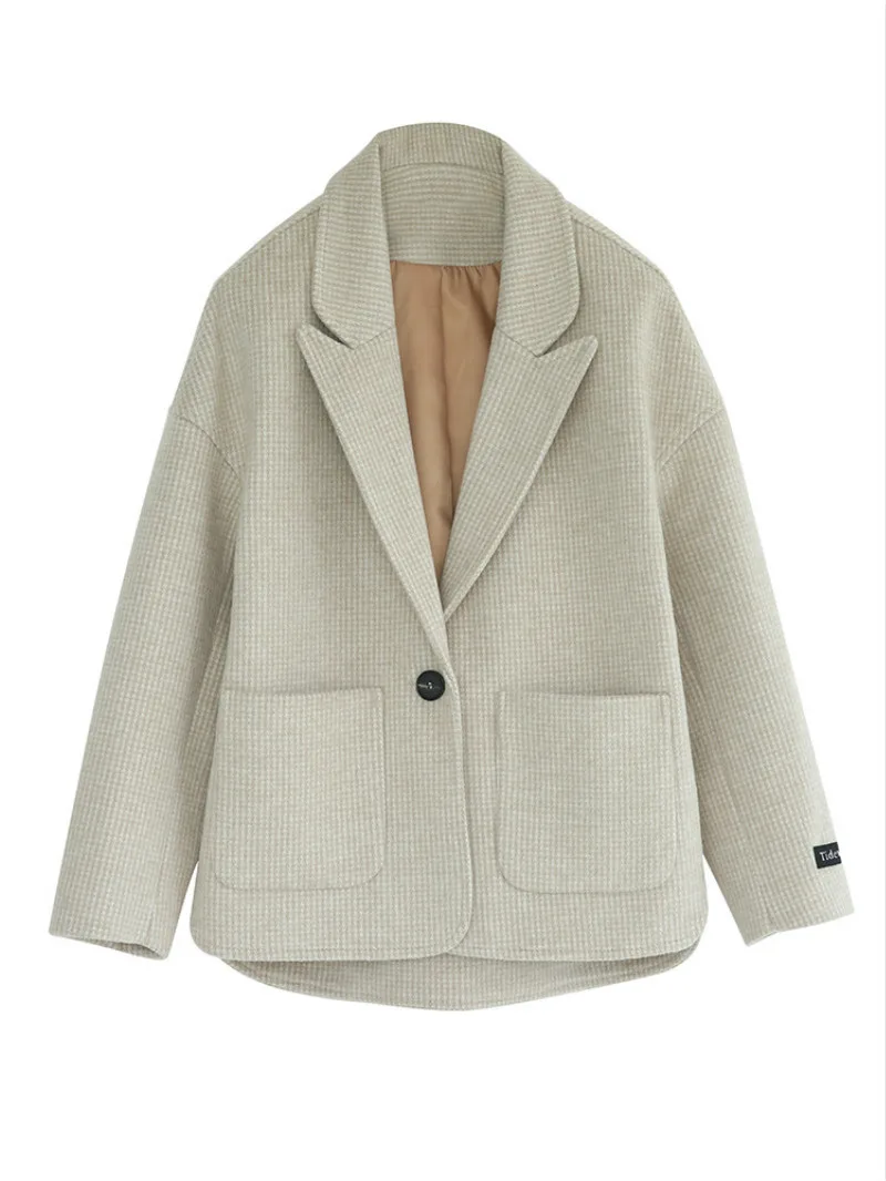 

New Jackets Autumn Winter Women Loose Oversized Houndstooth Drop Shoulder Outwear Female Short Single Button Woolen Plaid Coat