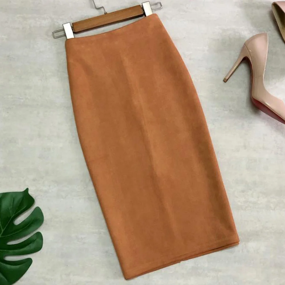 

Green Womens Suede Midi Pencil Skirt Female Autumn Winter High Waist Bodycon Vintage Split Thick Stretchy Skirts Saias
