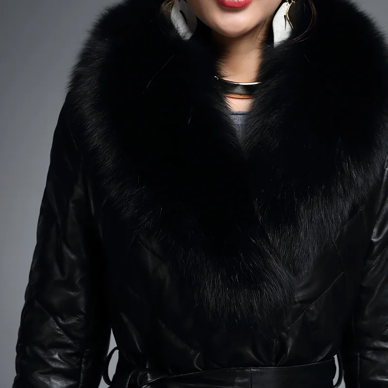 Женское пальто из натуральной кожи с воротником лисьего меха|Кожаные куртки| |