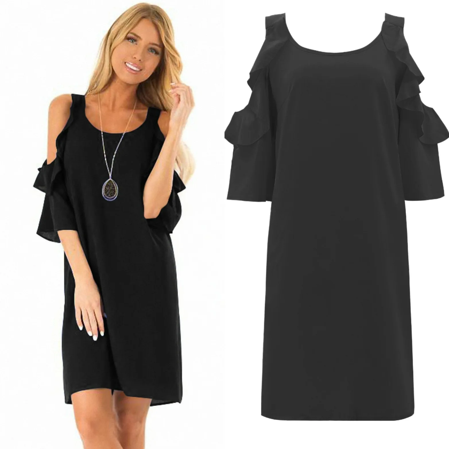 

Summer Fashion Trend Loose Women's O-neck Ruffled Sexy Sleeves Strapless Solid Color Casual Slim-fit Dress Women